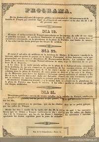 Programa de las fiestas relijiosas i de regocijo público en celebridad del XI aniversario de la Batalla de Yungay, que tendrán lugar en el barrio de este nombre en los dias 19, 20 i 21 del presente mes