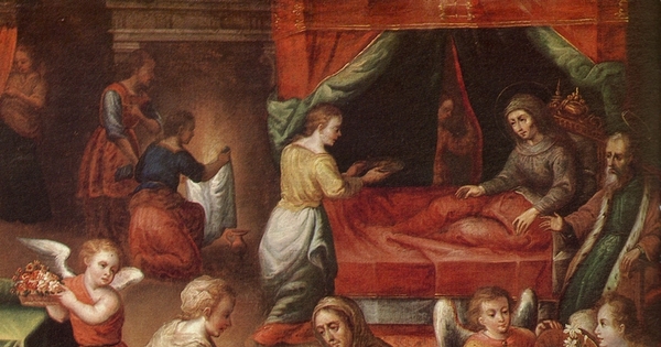 "La Natividad", serie Vida de la Virgen, Monasterio del Carmen de San José, Santiago, anónimo, siglo XVII, cuzqueña, óleo sobre tela, lienzo 38, 0,77cm - 0,995m.