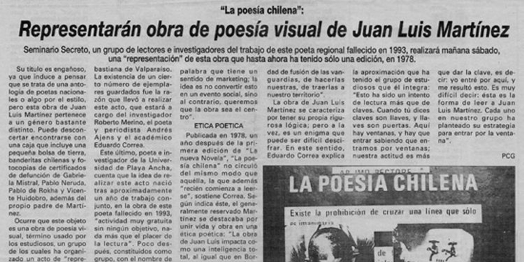 Representarán obra de poesía visual de Juan Luis Martínez