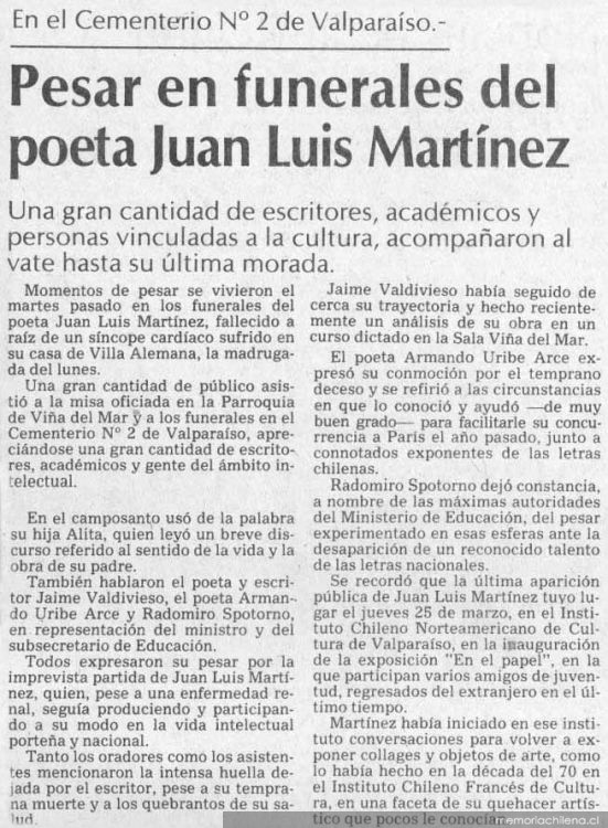 Pesar en funerales del poeta Juan Luis Martínez