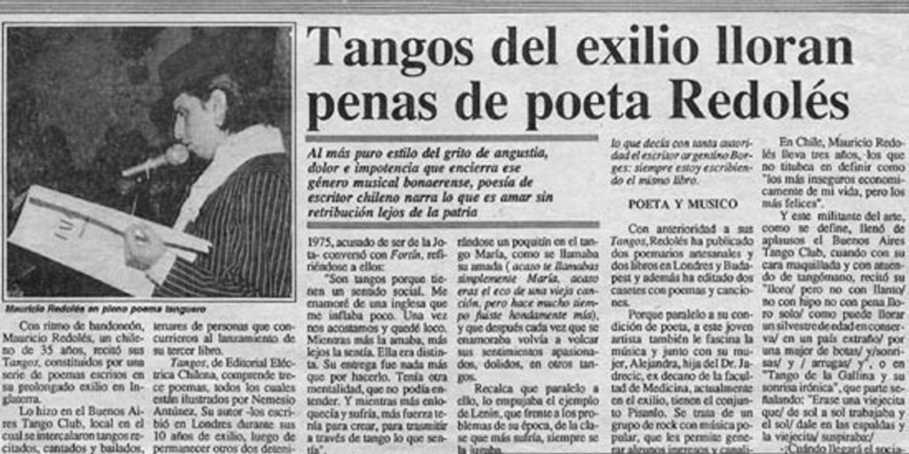Tangos del exilio lloran penas de poeta Redolés