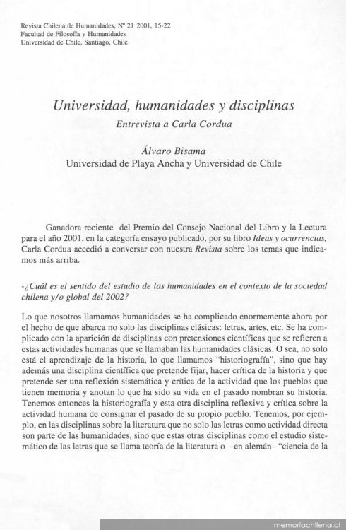 Universidad, humanidades y disciplinas : entrevista a Carla Cordua