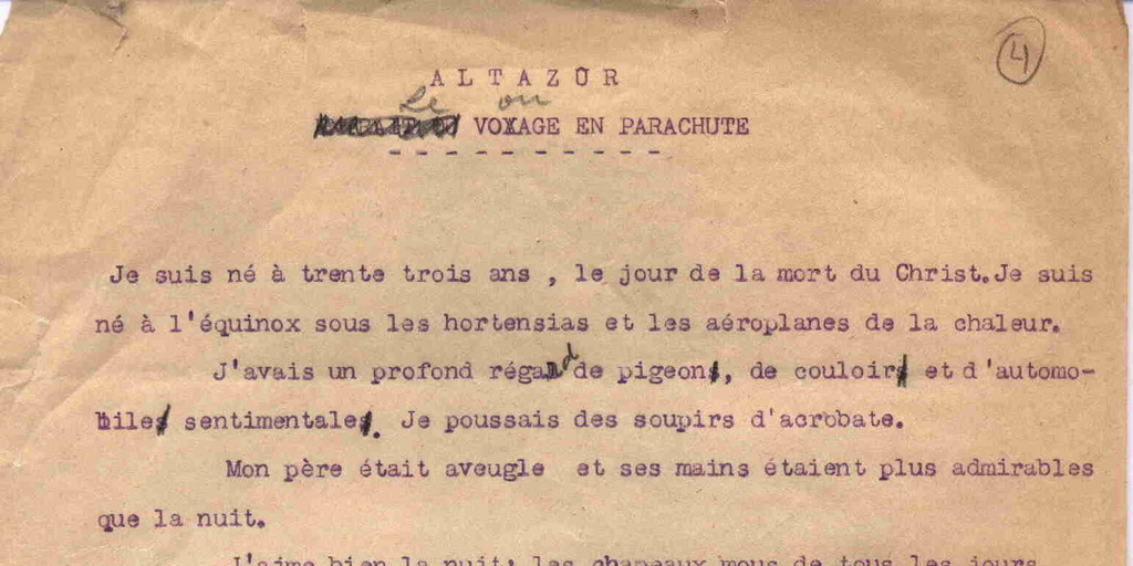 Altazor ou Le voyage en Parachute [manuscrito]