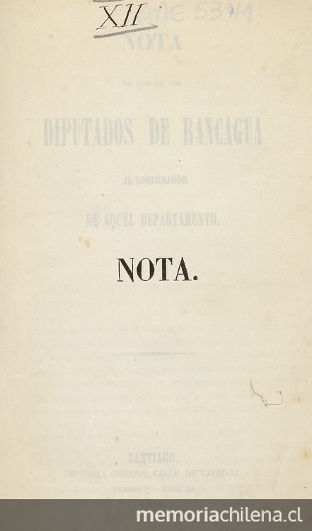 Nota de uno de los diputados de Rancagua al gobernador de aquel departamento