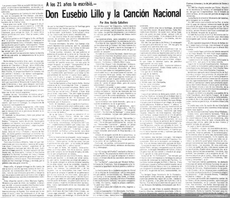 Don Eusebio Lillo y la Canción Nacional : a los 21 años la escribió