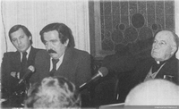 Luis Sánchez Latorre junto al Cardenal Raúl Silva Henríquez y Arturo Frei Bolívar, ca. 1985