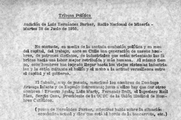 Tribuna Política [manuscrito]: Audición de Luis Hernández Parker, Radio Nacional de Minería