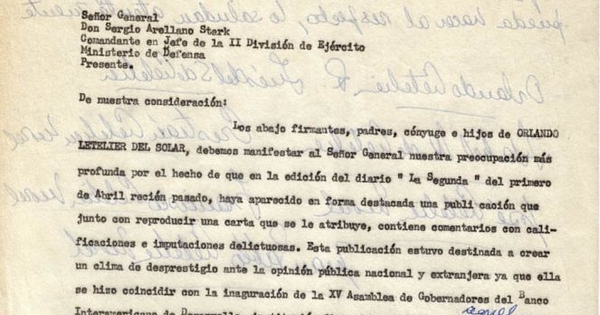 Carta de familia Letelier a Sergio Arellano Stark, Comandante en Jefe de la Segunda División del Ejército, mayo de 1974