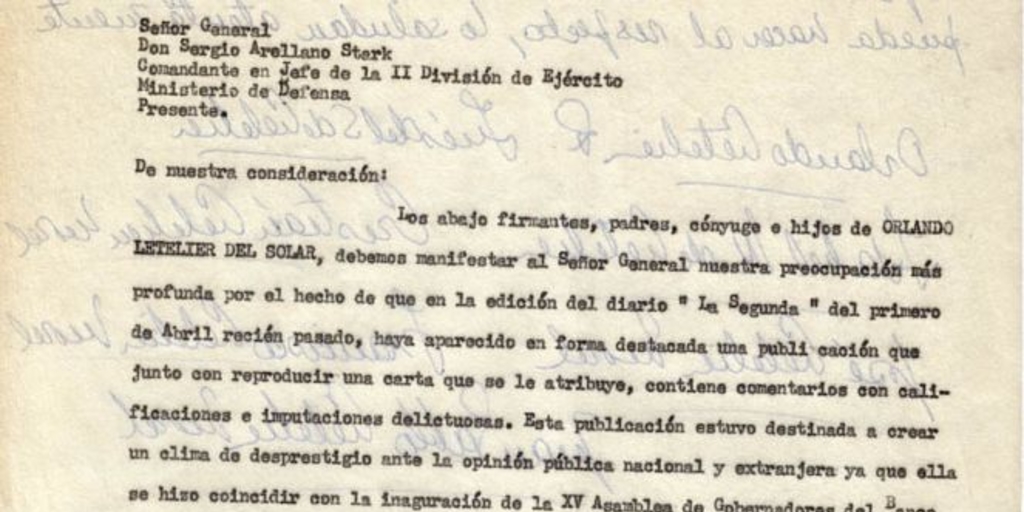 Carta de familia Letelier a Sergio Arellano Stark, Comandante en Jefe de la Segunda División del Ejército, mayo de 1974