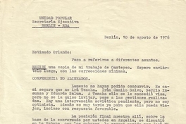 Carta de Clodomiro Almeyda a Orlando Letelier, 10 de agosto de 1976