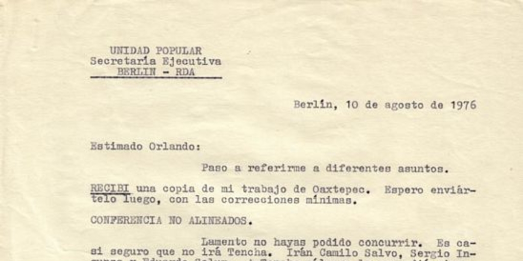 Carta de Clodomiro Almeyda a Orlando Letelier, 10 de agosto de 1976