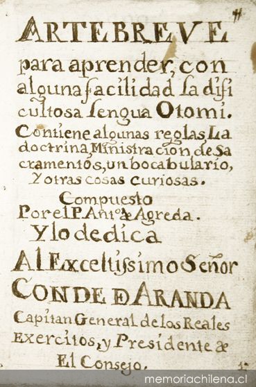 Arte breve para aprender con alguna facilidad la dificultosa lengua Otomi[manuscrito] :contiene algunas reglas, la doctrina, ministración de sacramentos, un bocabulario y otras cosas curiosas