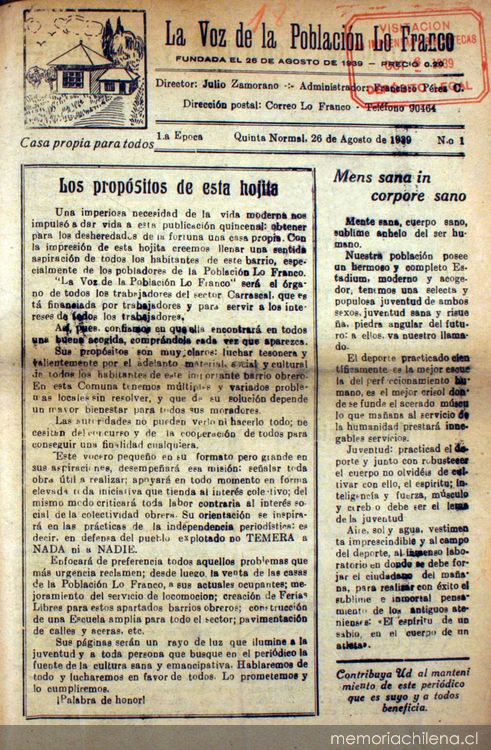 La Voz de la Población Lo Franco : primera época, n° 1-7, agosto-octubre de 1939