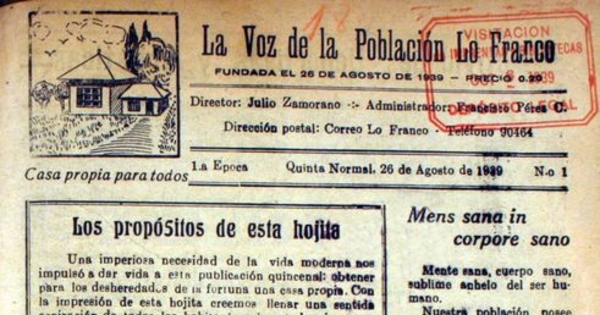 La Voz de la Población Lo Franco : primera época, n° 1-7, agosto-octubre de 1939