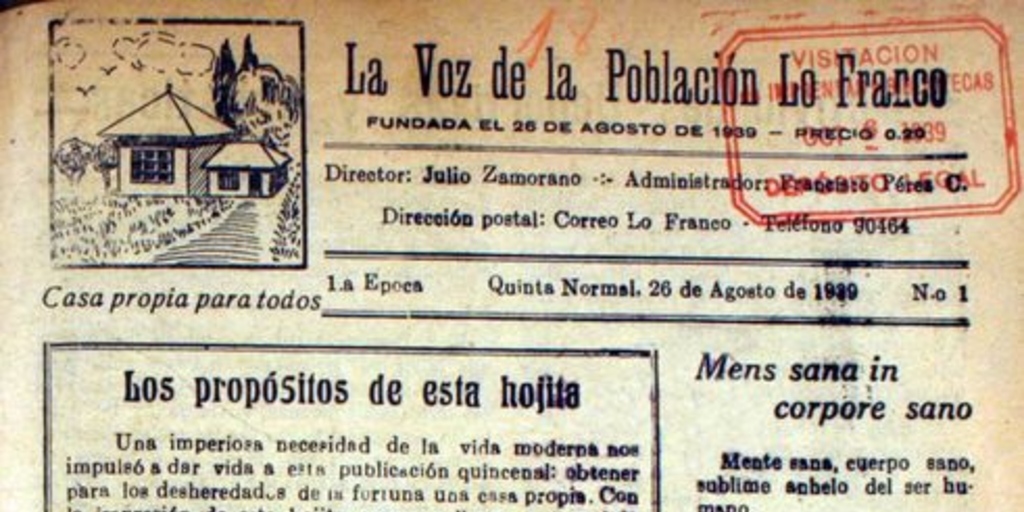 La Voz de la Población Lo Franco : primera época, n° 1-7, agosto-octubre de 1939