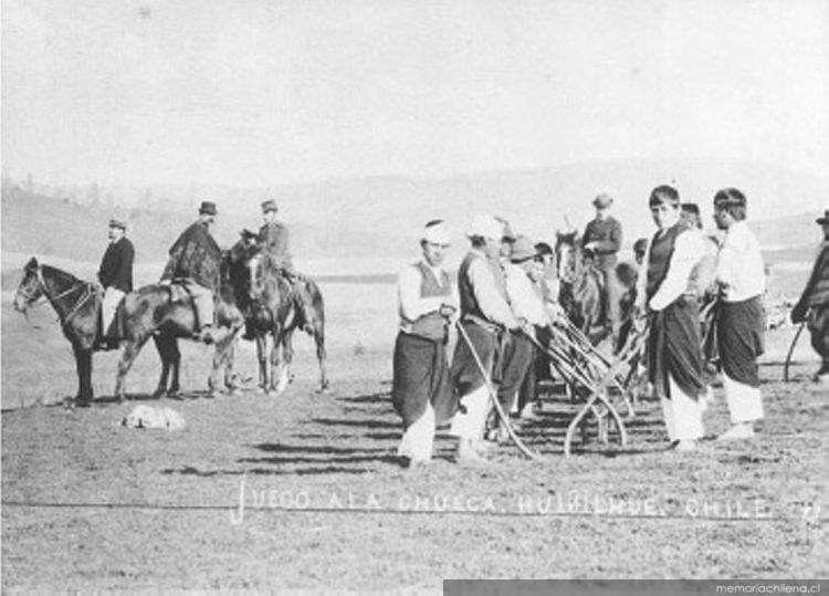 Palife, jugadores de chueca en Huiñilhue, IX Región, ca. 1890