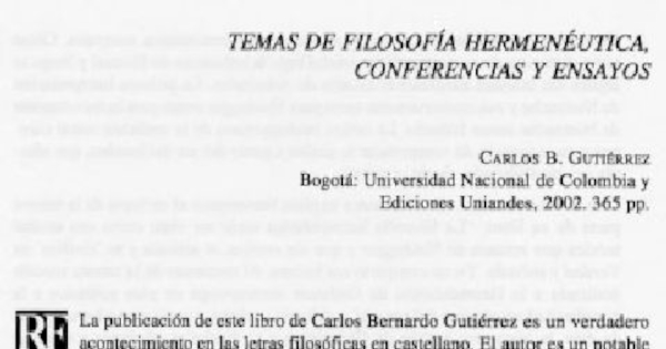 Temas de filosofía hermenéutica, conferencias y ensayos