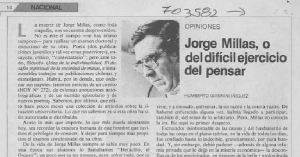 Jorge Millas, o del difícil ejercicio del pensar