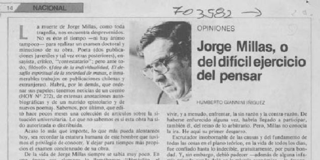 Jorge Millas, o del difícil ejercicio del pensar