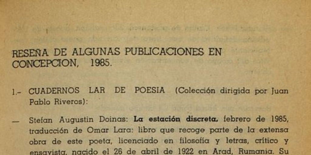 Reseña de algunas publicaciones en Concepción, 1985