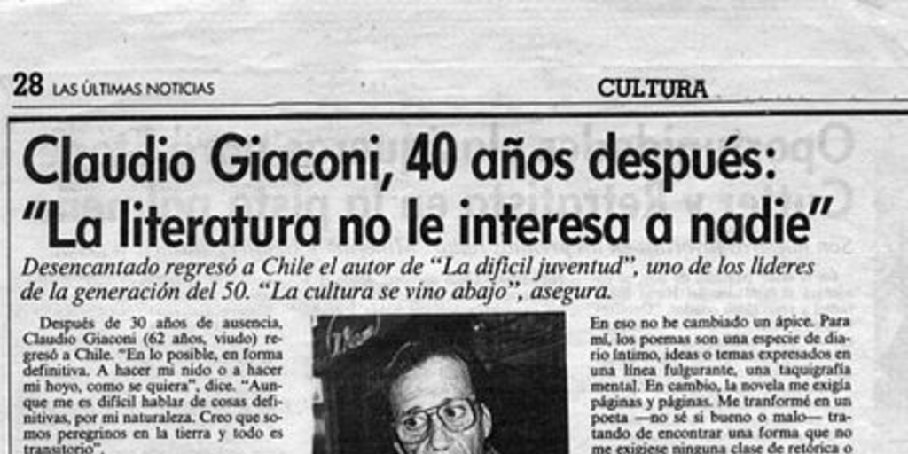 Claudio Giaconi, 40 años después, "La literatura no le interesa a nadie"