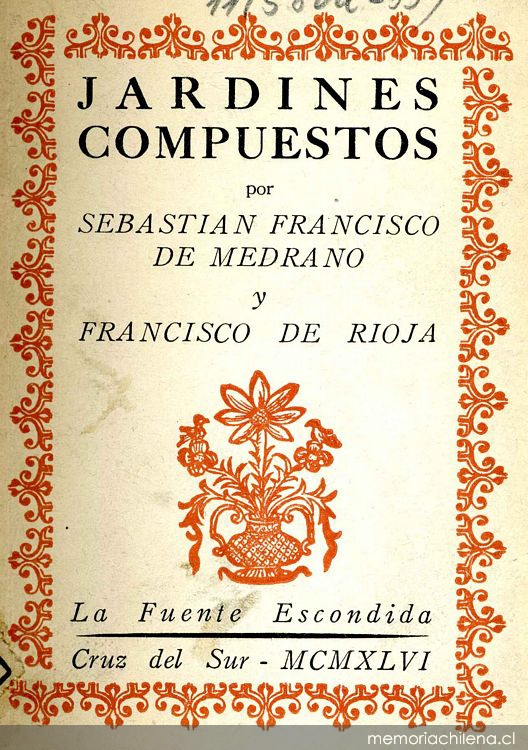 Portada de Jardines compuestos de Francisco de Medrano y Francisco de  Rioja, diseñada por Mauricio Amster, 1947 - Memoria Chilena, Biblioteca  Nacional de Chile