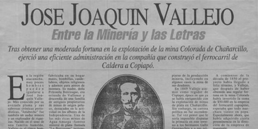 José Joaquín Vallejo, entre la minería y las letras