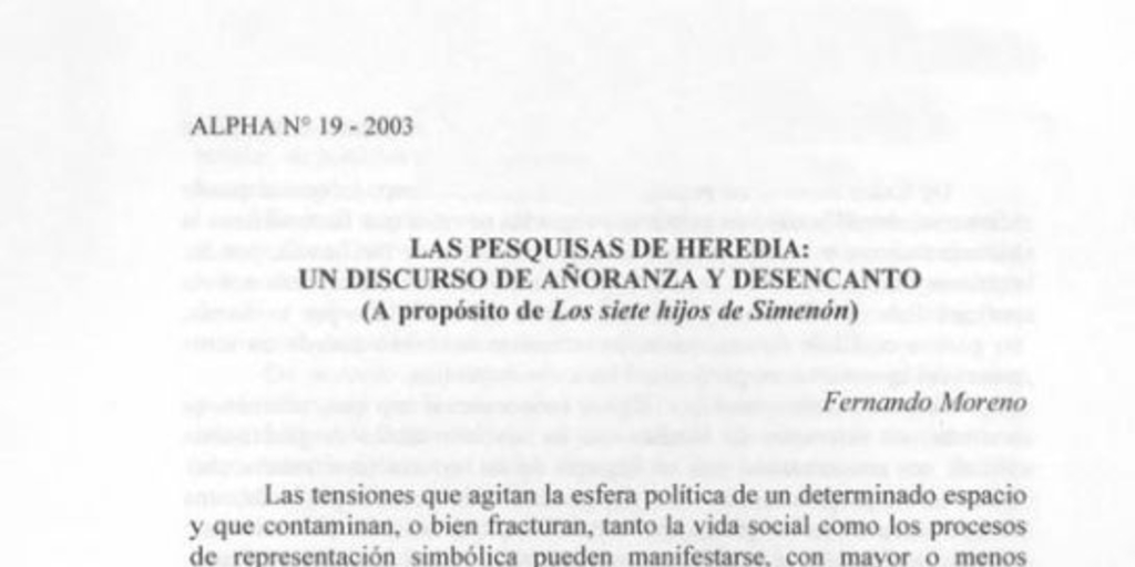 Las pesquisas de Heredia, un discurso de añoranza y desencanto (a propósito de Los siete hijos de Simenón)