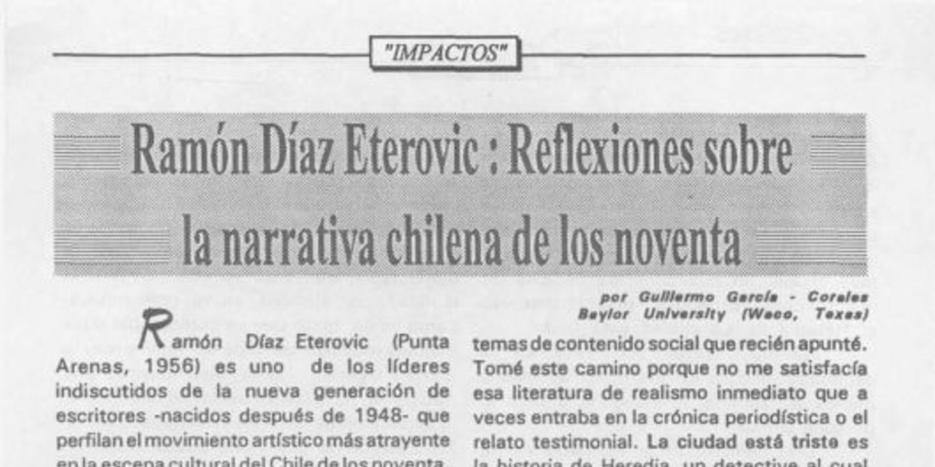 Ramón Díaz Eterovic, reflexiones sobre la narrativa chilena de los noventa
