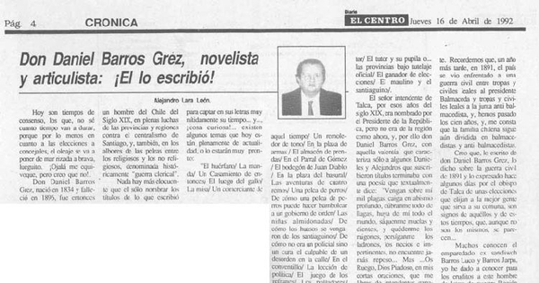 Don Daniel Barros Grez, novelista y articulista : ¡El lo escribió!