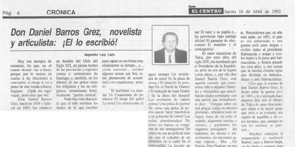 Don Daniel Barros Grez, novelista y articulista : ¡El lo escribió!