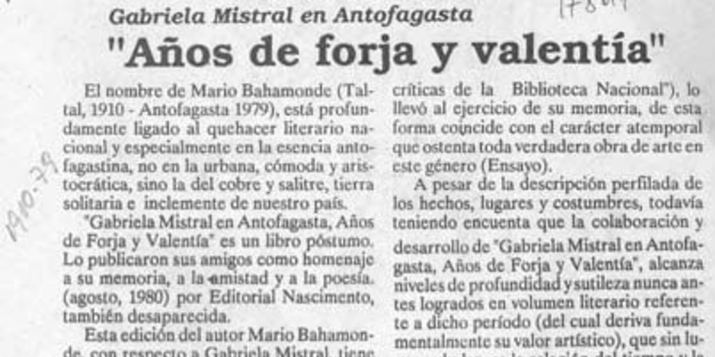 Años de forja y valentía : Gabriela Mistral en Antofagasta