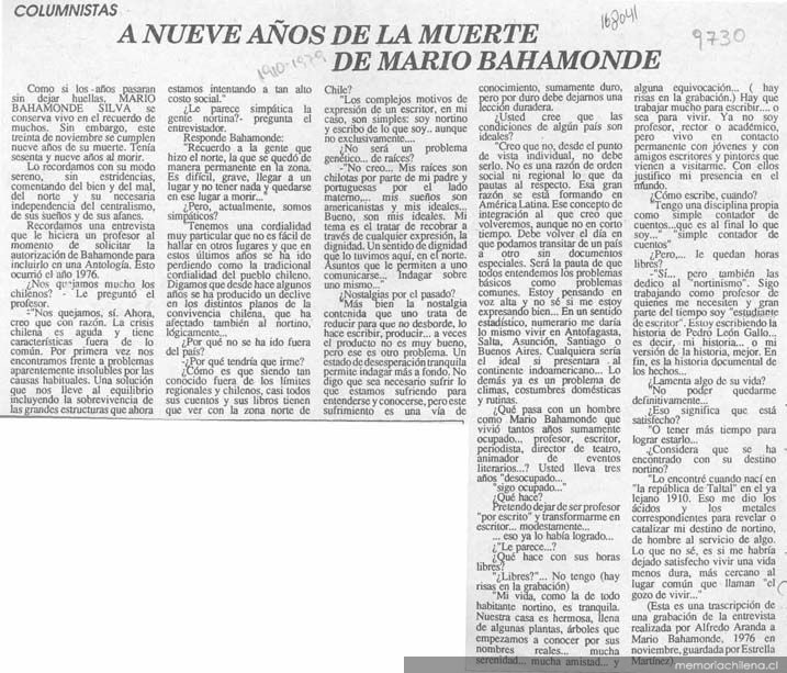 A nueve años de la muerte de Mario Bahamonde