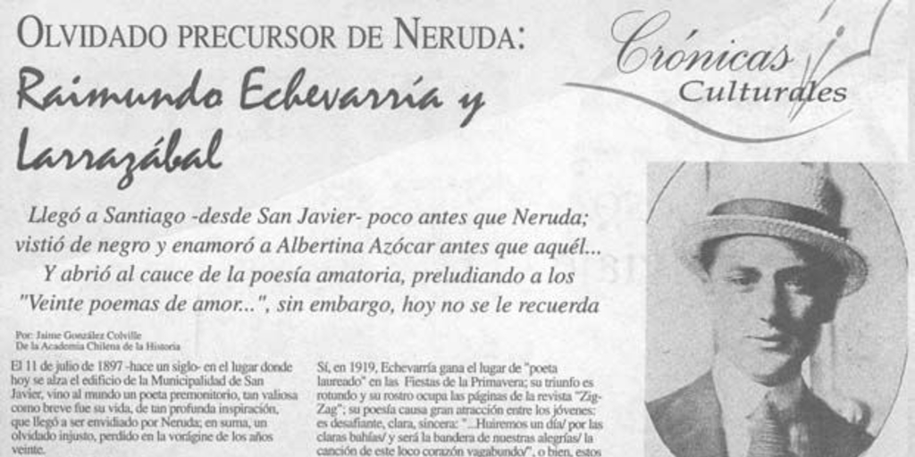 Olvidado precursor de Neruda, Raimundo Echeverria y Larrazábal