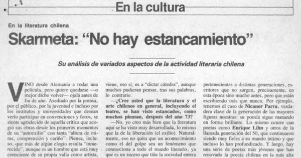 Skarmeta, "no hay estancamiento"