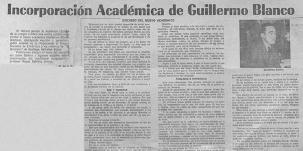 Incorporación académica de Guillermo Blanco : discurso del nuevo académico