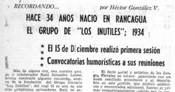 Hace 34 años nacio en Rancagua el grupo de "Los Inútiles" : 1934