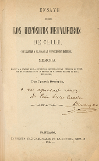 Ensaye sobre los depósitos metalíferos de Chile: con relación a su jeolojía i configuración esterior