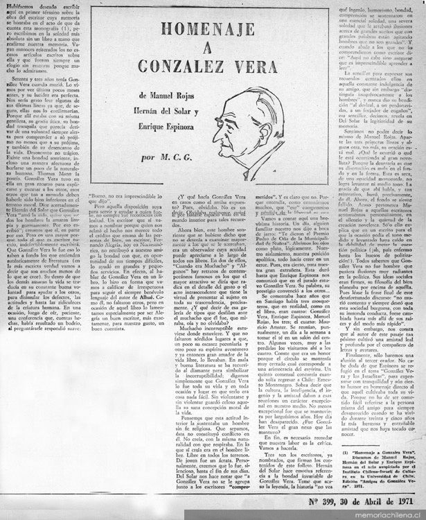 Homenaje a González Vera de Manuel Rojas, Hernán del Solar y Enrique Espinoza