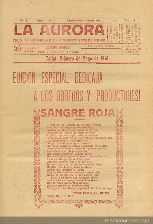 La Aurora : órgano del Partido Obrero Socialista, n° 18, 1 de mayo de 1916