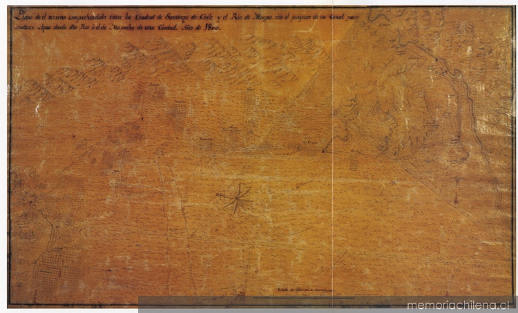 Plano de el terreno comprehendido entre la ciudad de Santiago de Chile y el Río de Maypo con el proyecto de un canal..., 1800