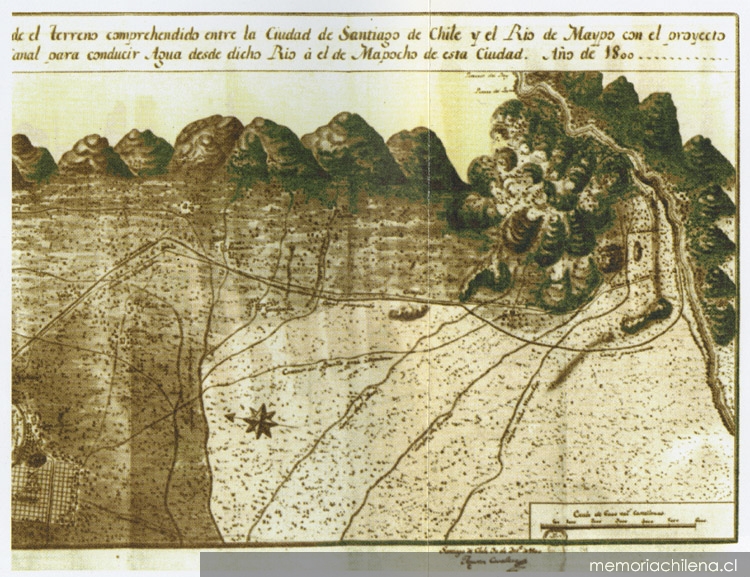 Terreno comprehendido entre la ciudad de Santiago de Chile y el Río de Maypo con el proyecto de un canal..., 1800