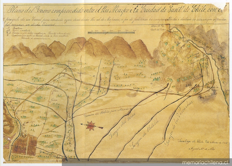 Plano de el terreno comprehendido entre el Río Maipo i la ciudad de Santiago de Chile..., 1805