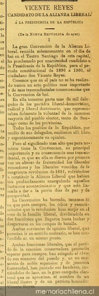 Reunión de la Convención de la Alianza Liberal ; Proclamación de candidato para la presidencia de la República ; Es elegido don Vicente Reyes