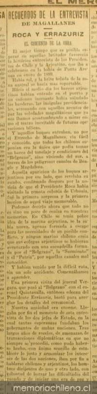 Recuerdos de la entrevista de Magallanes: Roca y Errázuriz: el comienzo de la obra