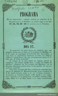 Programa de las solemnidades i regocijos públicos en celebridad de la Independencia de la República, que tendrán lugar en los días 17, 18, 19 i 20 del presente mes de Setiembre