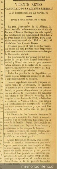 Vicente Reyes. Candidato de la Alianza Liberal a la Presidencia de la República