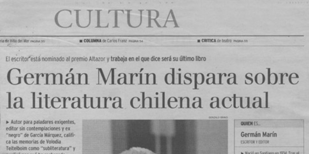 Germán Marín dispara sobre la literatura chilena actual