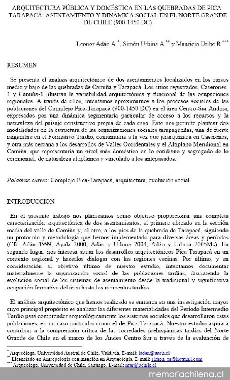 Arquitectura pública y doméstica en las quebradas de Tarapacá : asentamiento y dinámica social en el Norte Grande de Chile