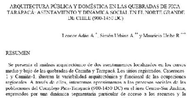 Arquitectura pública y doméstica en las quebradas de Tarapacá : asentamiento y dinámica social en el Norte Grande de Chile